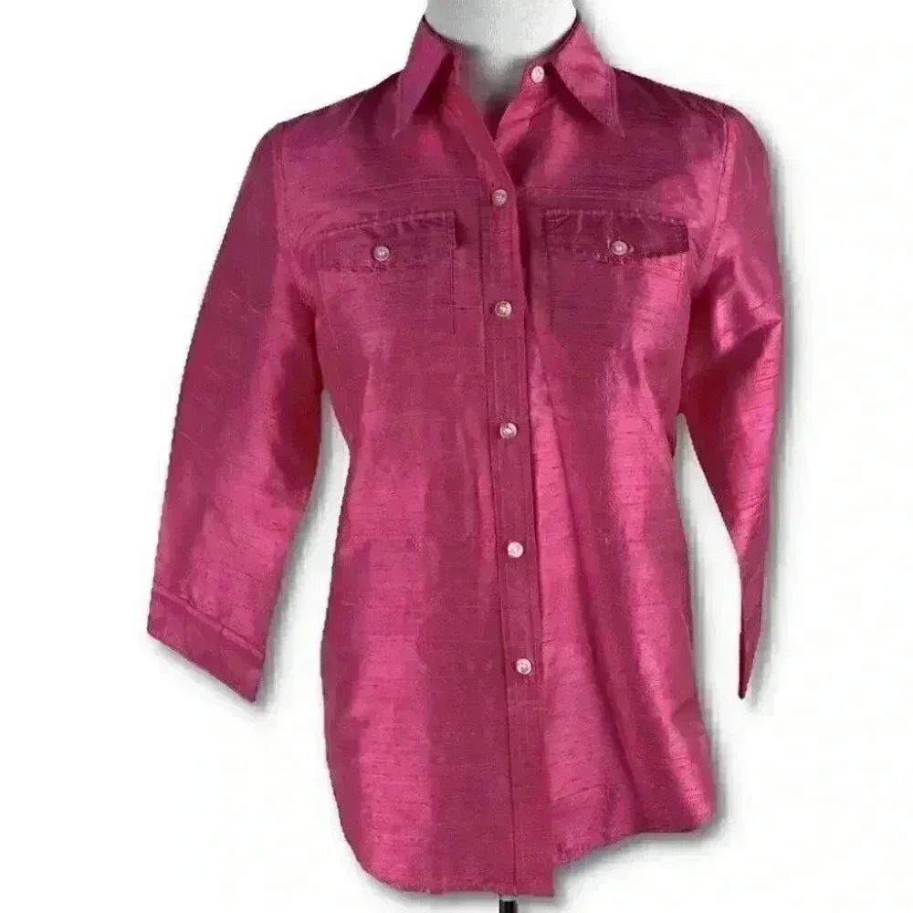 Lauren Ralph Lauren Petite top P/P hot pink 100% silk button down with pockets